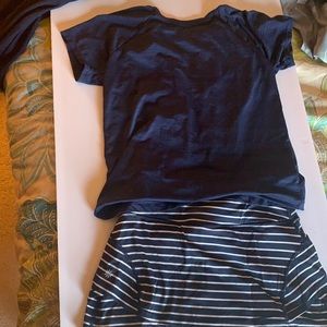 Navy blue shirt and white and navy blue skirt